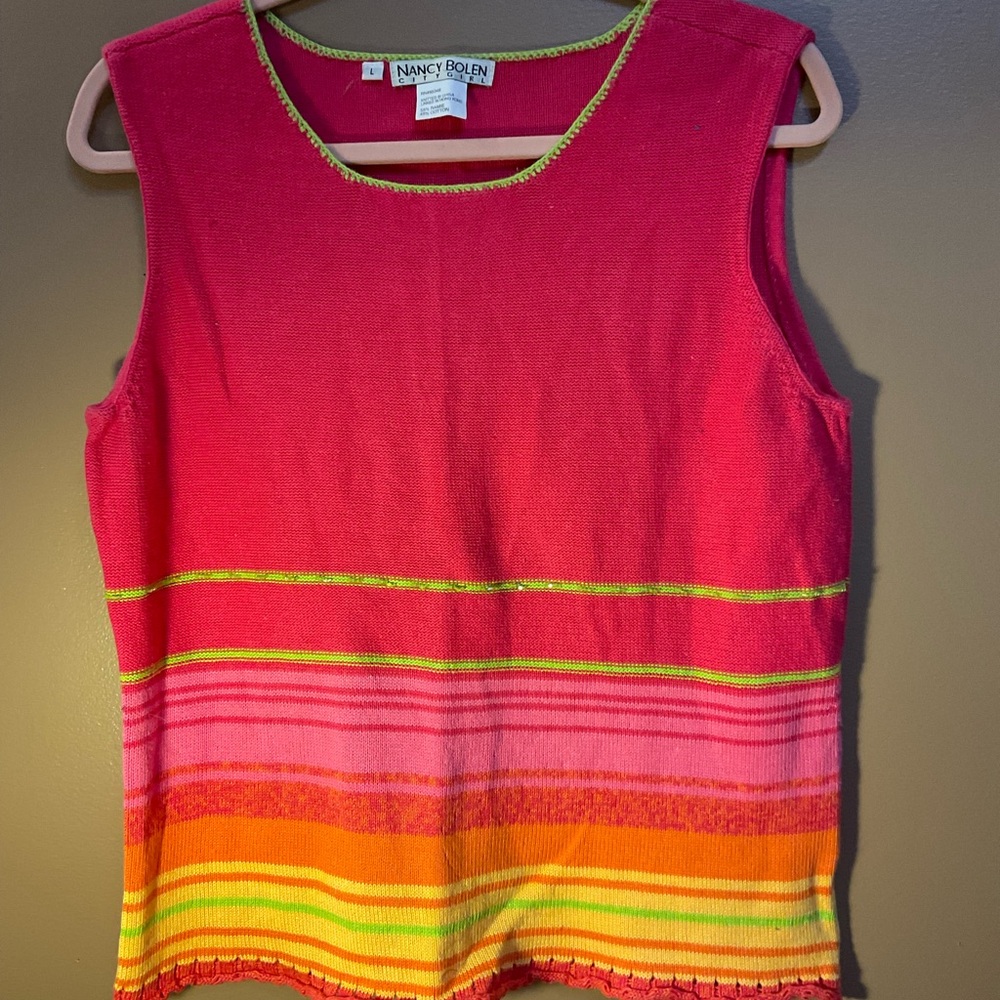 Nancy Bolen Bright Striped Sleeveless Knit Top - Pink & Orange L vintage